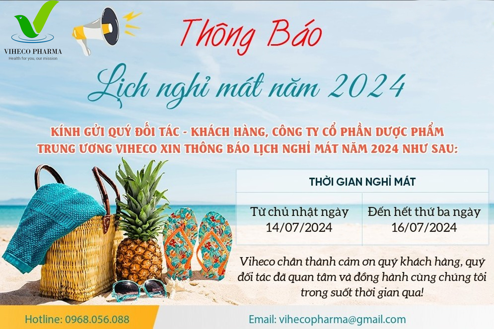 THÔNG BÁO VỀ VIỆC TỔ CHỨC DU LỊCH CHO CÁN BỘ – NHÂN VIÊN CÔNG TY CỔ PHẦN DƯỢC PHẨM TRUNG ƯƠNG VIHECO